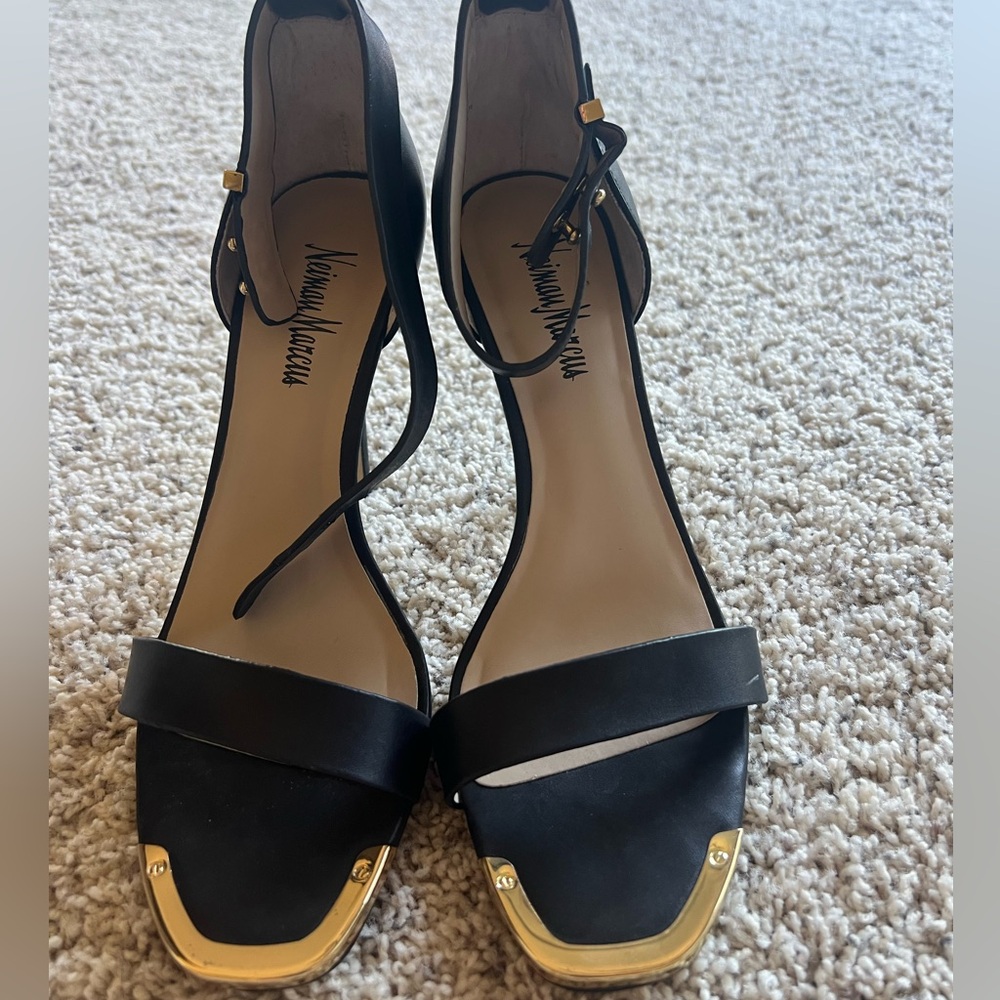 Classic Black Stappy Heels with decorative gold accents